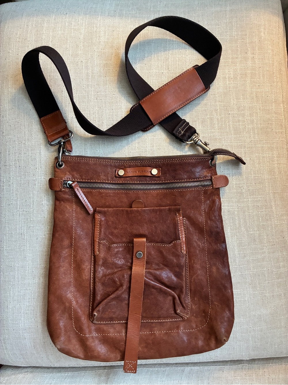 Marco Buggiani Leather Messenger Bag with Plaid Interior